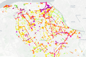 Carte de bruit LA50, indicateur du niveau sonore moyen dans les différentes zones de la ville.