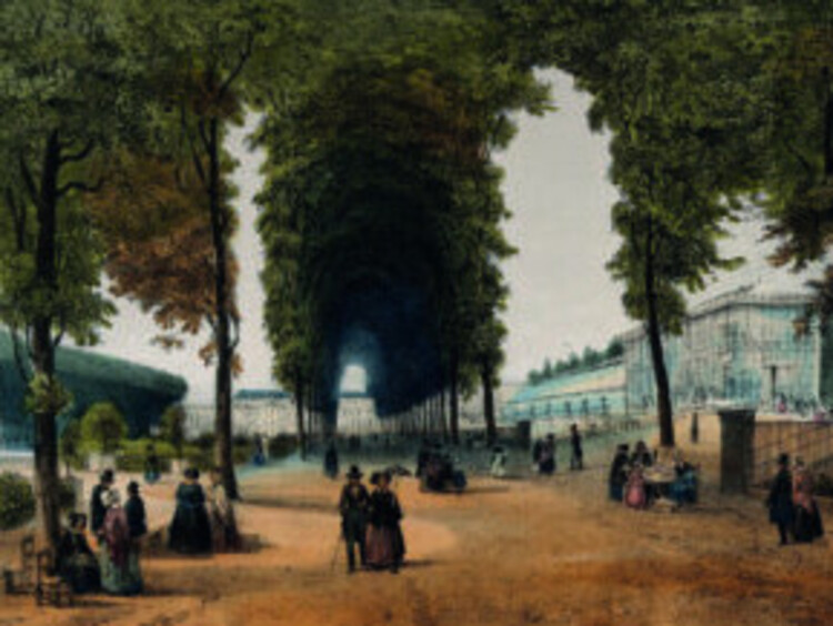 Jardin des Plantes, Paris: figures strolling the grounds alongside the glasshouses, J. Jacottet. Wellcome Collection, domaine public