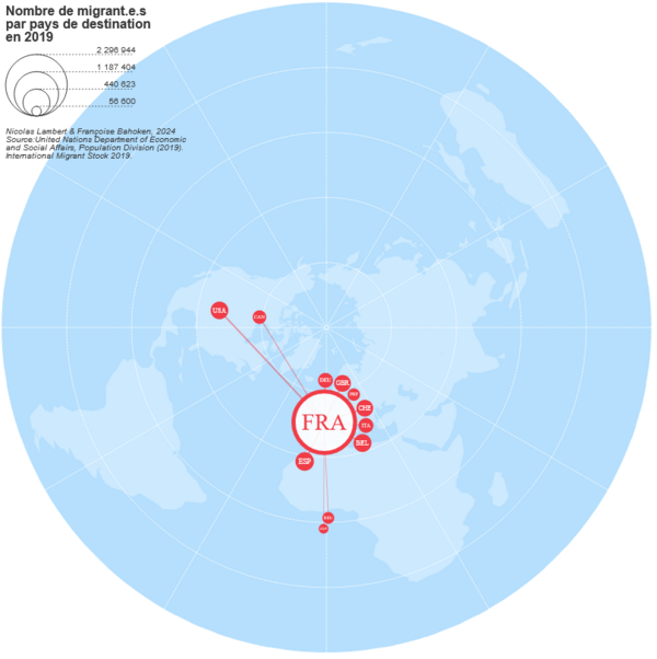 Carte sur l'émigration depuis la France en 2019. (MigrExplorer contemporain). Fournie par les auteurs.