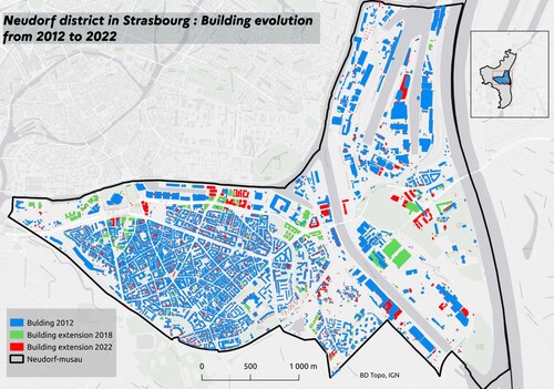 Changement des bâtiments du quartier Neudorf à Strasbourg de 2012 à 2022 
