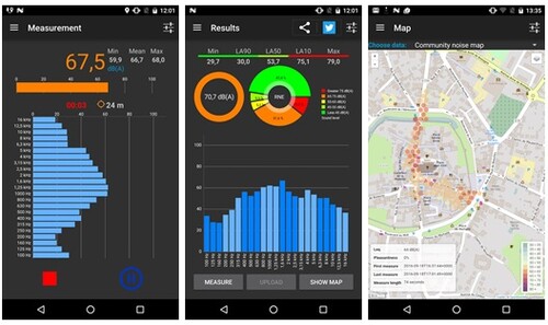 Screenshots of the NoiseCapture application (copyright Université Gustave Eiffel and CNRS)